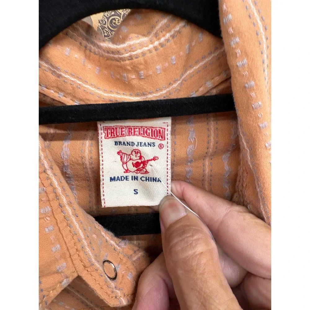 True Religion Mens Western Pearl Snap Shirt Orange Striped Y2K MAWBM17IKHP S